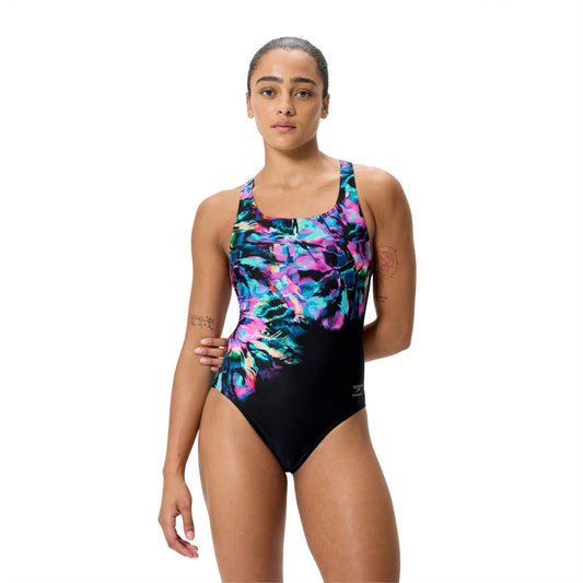 Black - Front - Speedo Womens-Ladies Abstract One Piece Swimsuit