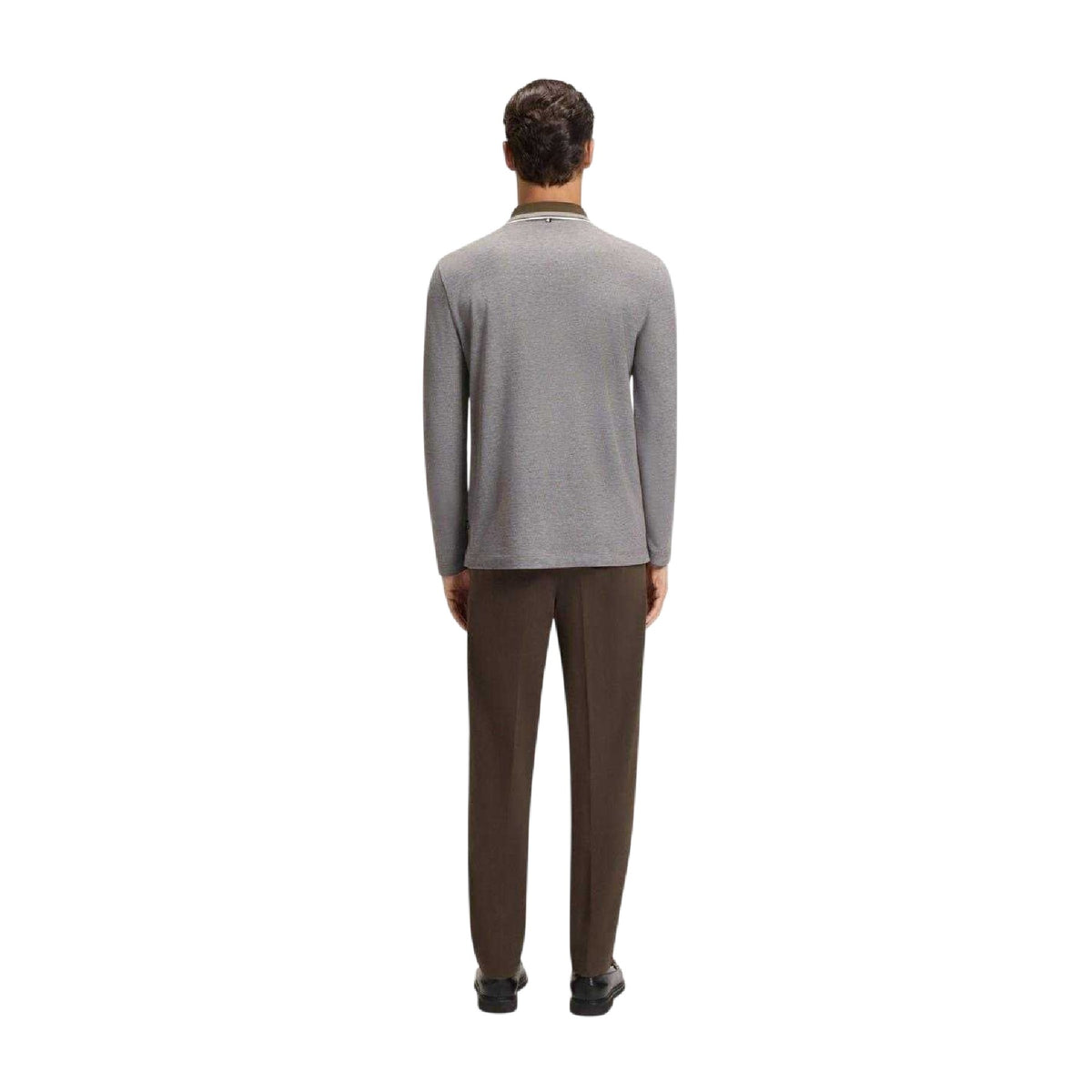 Grey-Olive Green - Pack Shot - Boss Mens Straight Long-Sleeved Polo Shirt
