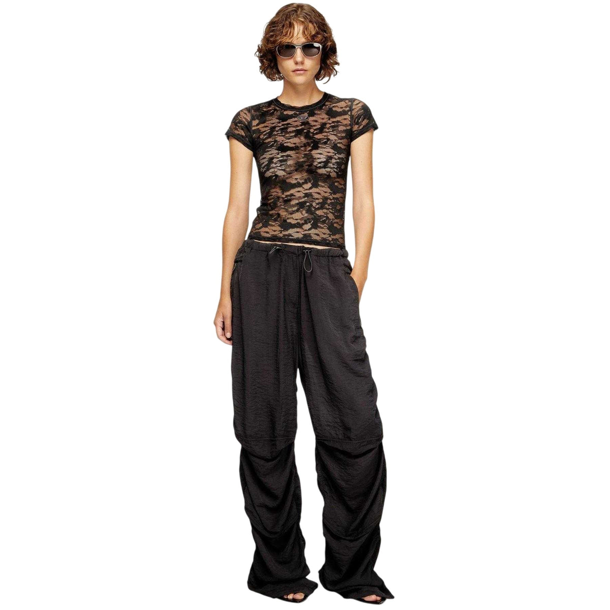 Black - Lifestyle - Diesel Womens-Ladies Kasia Camo Lace Crew Neck Fitted Top