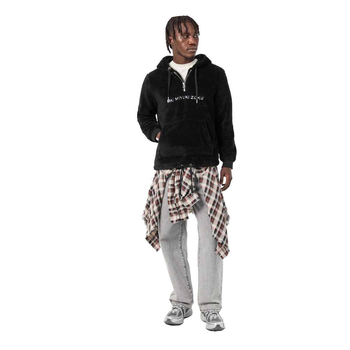 Black - Close up - MKI MIYUKI ZOKU Mens Sherpa Half Zip Relaxed Fit Hoodie
