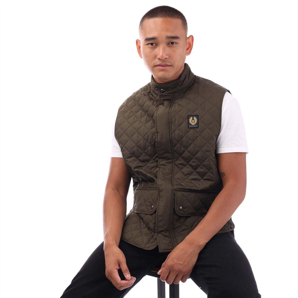 Olive - Lifestyle - Belstaff Mens Diamond Quilt Recycled Nylon Gilet