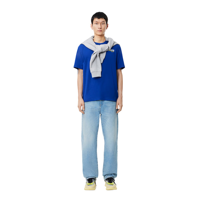 Blue - Close up - Lacoste Mens Back Print Heavy Cotton T-Shirt