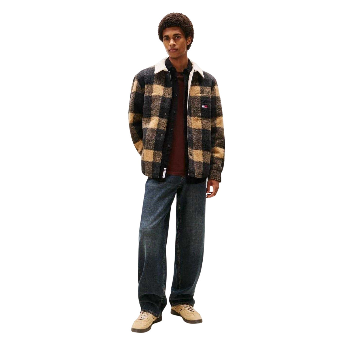 Red-Black - Pack Shot - Tommy Jeans Mens Plaid Borg Regular Overshirt