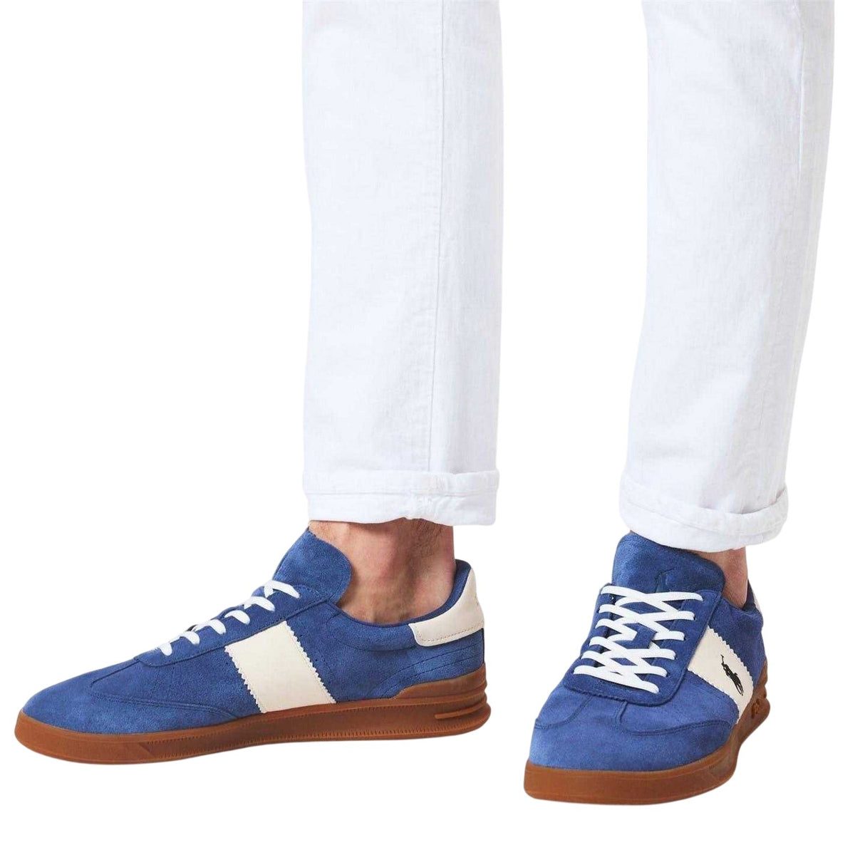 Light Navy-Cream - Pack Shot - Ralph Lauren Mens Aera Leather Flat Trainers