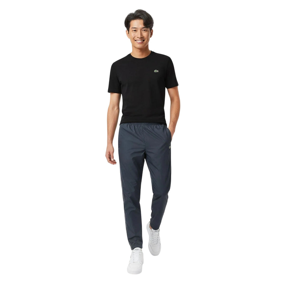 Black - Close up - Lacoste Mens Side Stripe Elasticated Waist Tapered Joggers