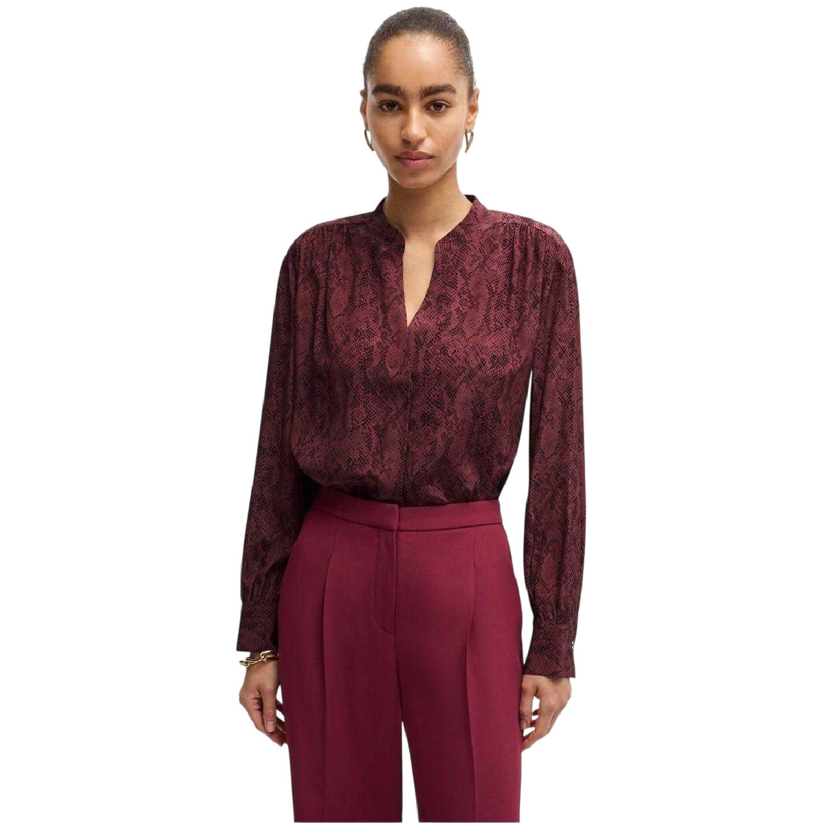 Burgundy - Pack Shot - Boss Womens-Ladies Snake Print Long-Sleeved Blouse
