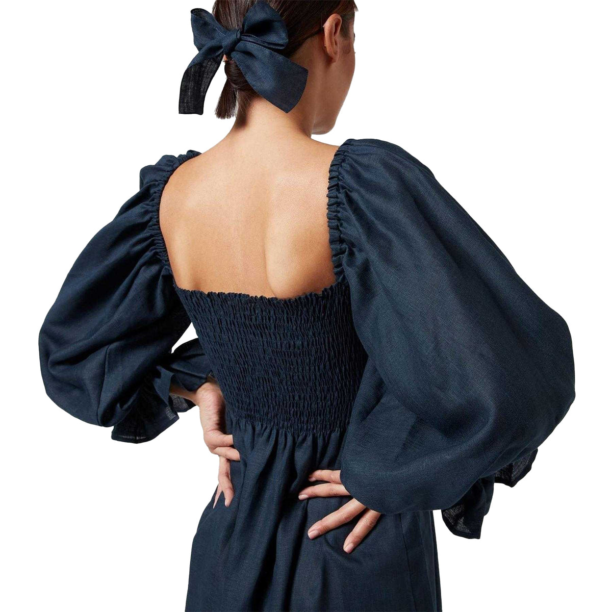 Navy - Lifestyle - Sleeper Womens-Ladies Linen Puff Sleeve Midi Dress