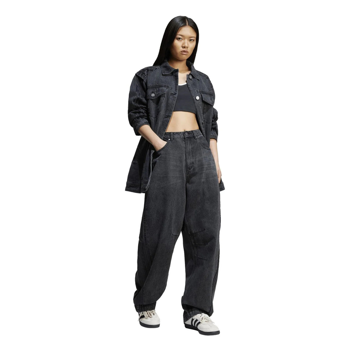 Black - Close up - Adidas Womens-Ladies Originals 3 Stripes Denim Oversized Overshirt