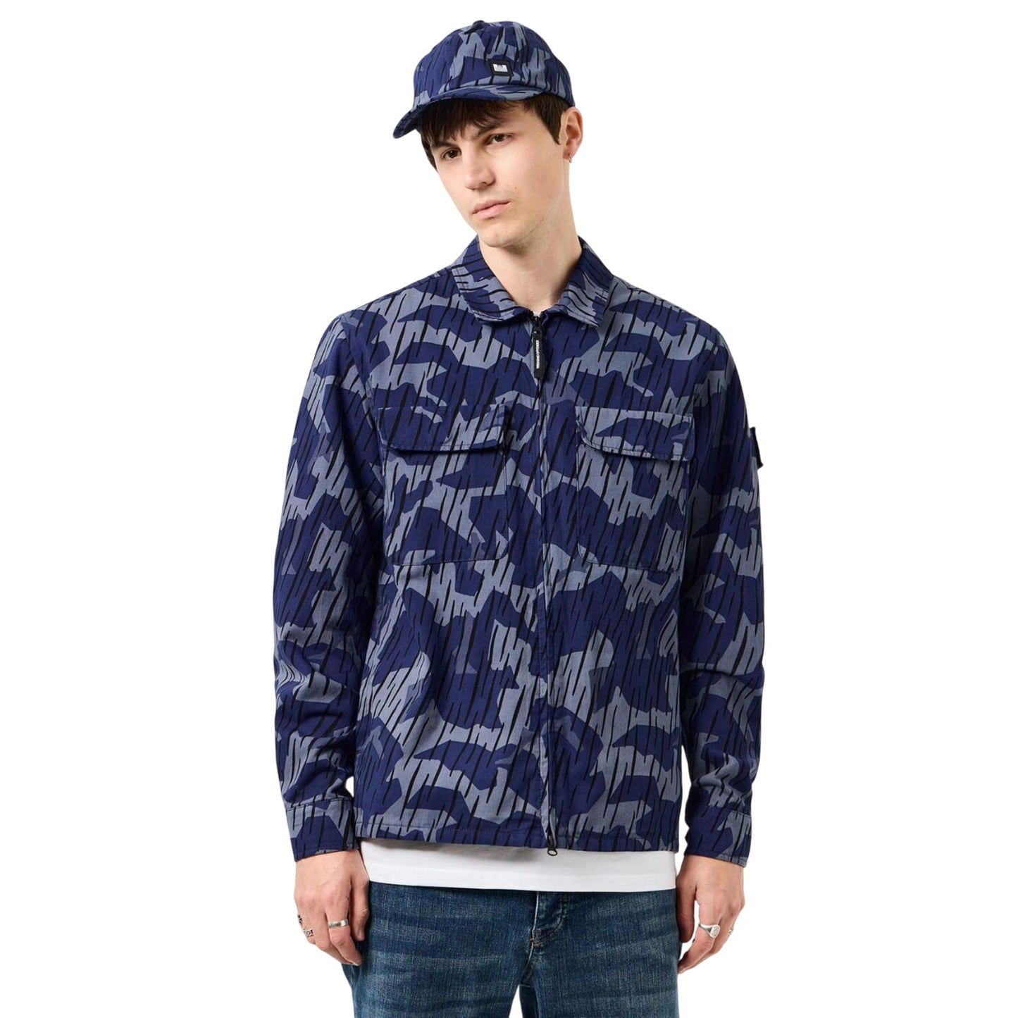 Navy - Close up - Weekend Offender Mens Waya Camo Full Zip Overshirt