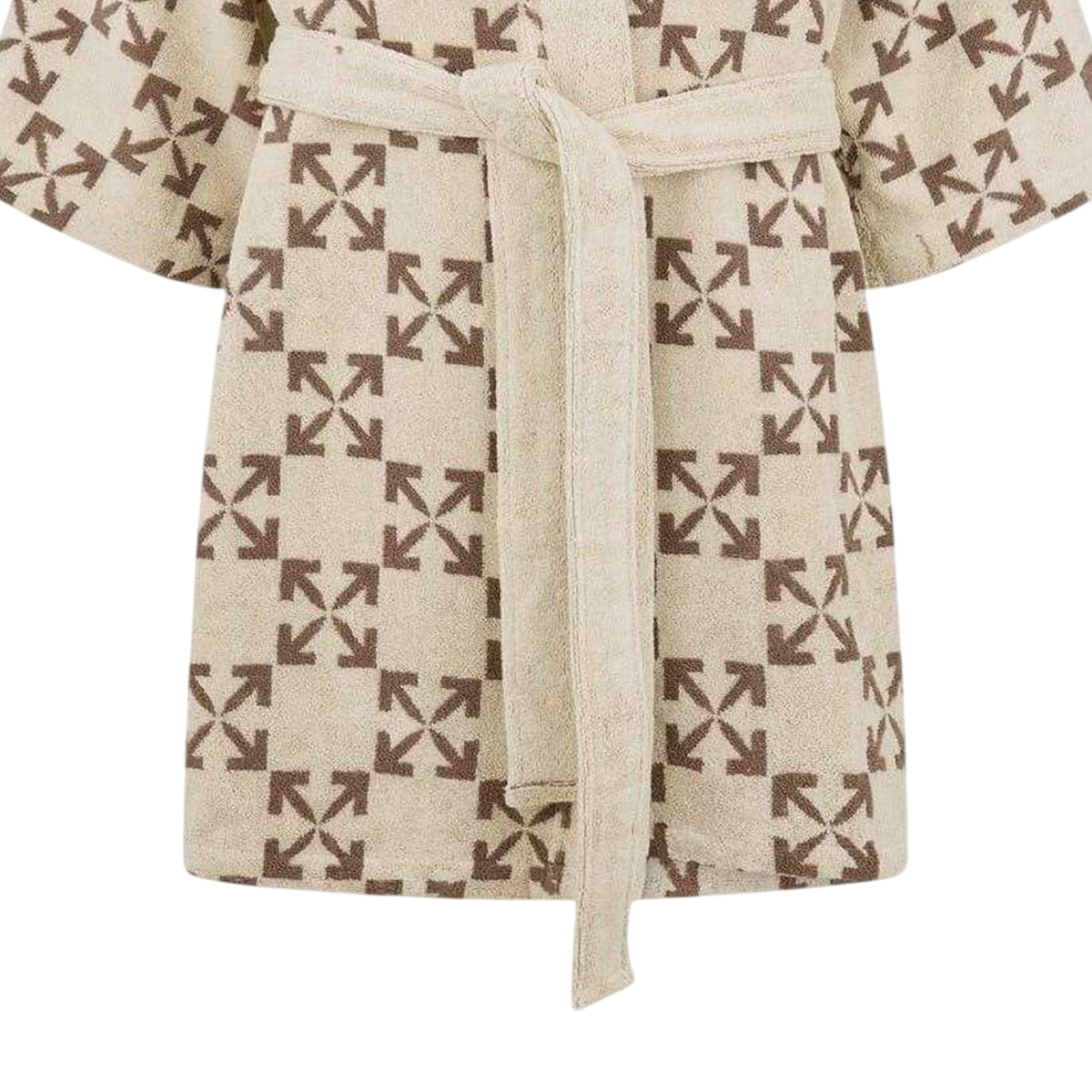 Cream-Taupe - Side - Off-White Unisex Adult Geometric Pattern Terrycloth Relaxed Fit Short-Sleeved Robe