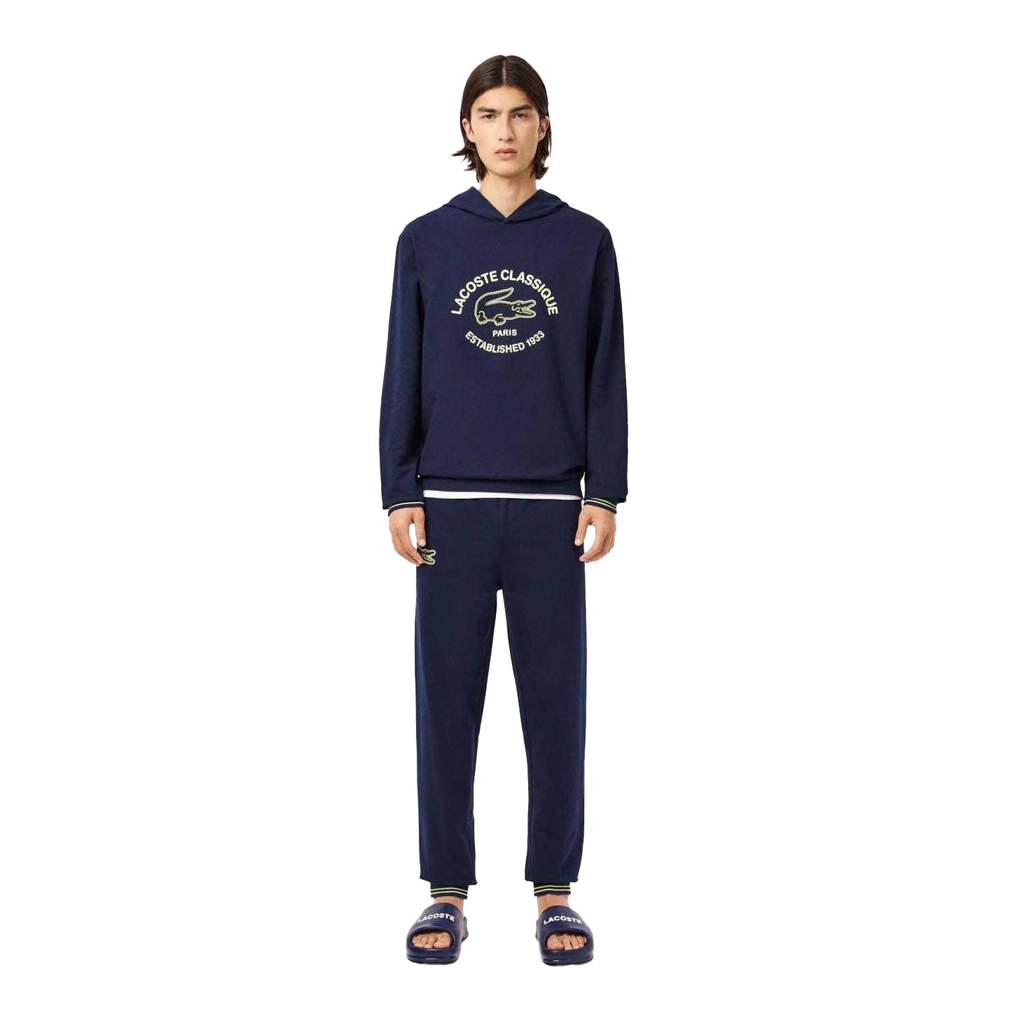 Navy - Close up - Lacoste Mens Fleece Lounge Hoodie