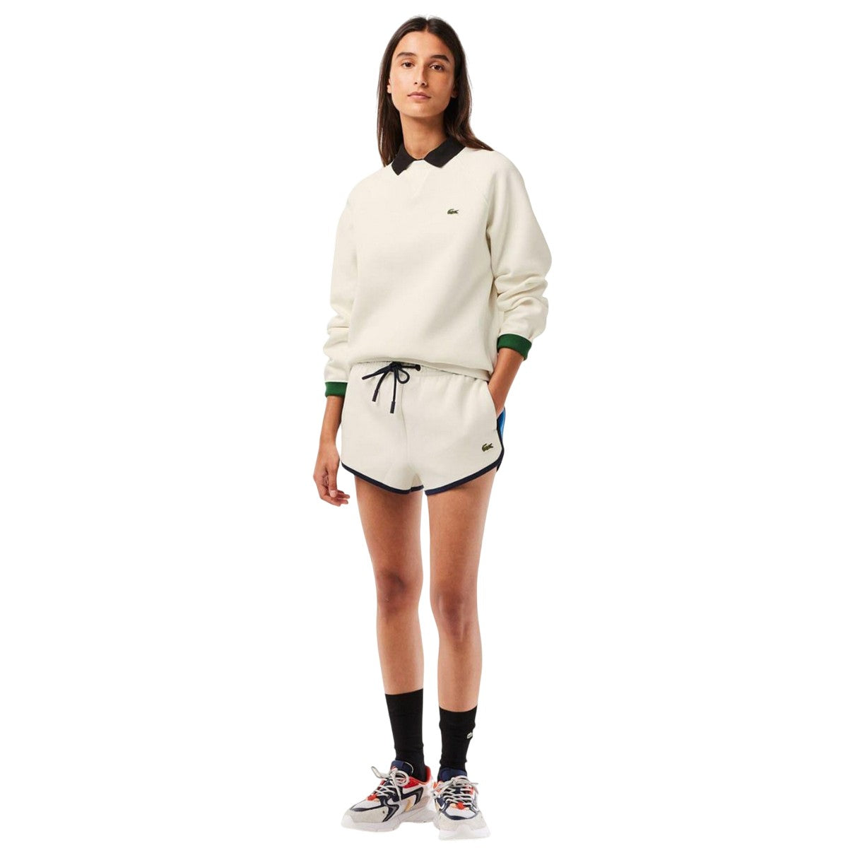 White - Close up - Lacoste Womens-Ladies Double Piqué Crew Neck Sweatshirt