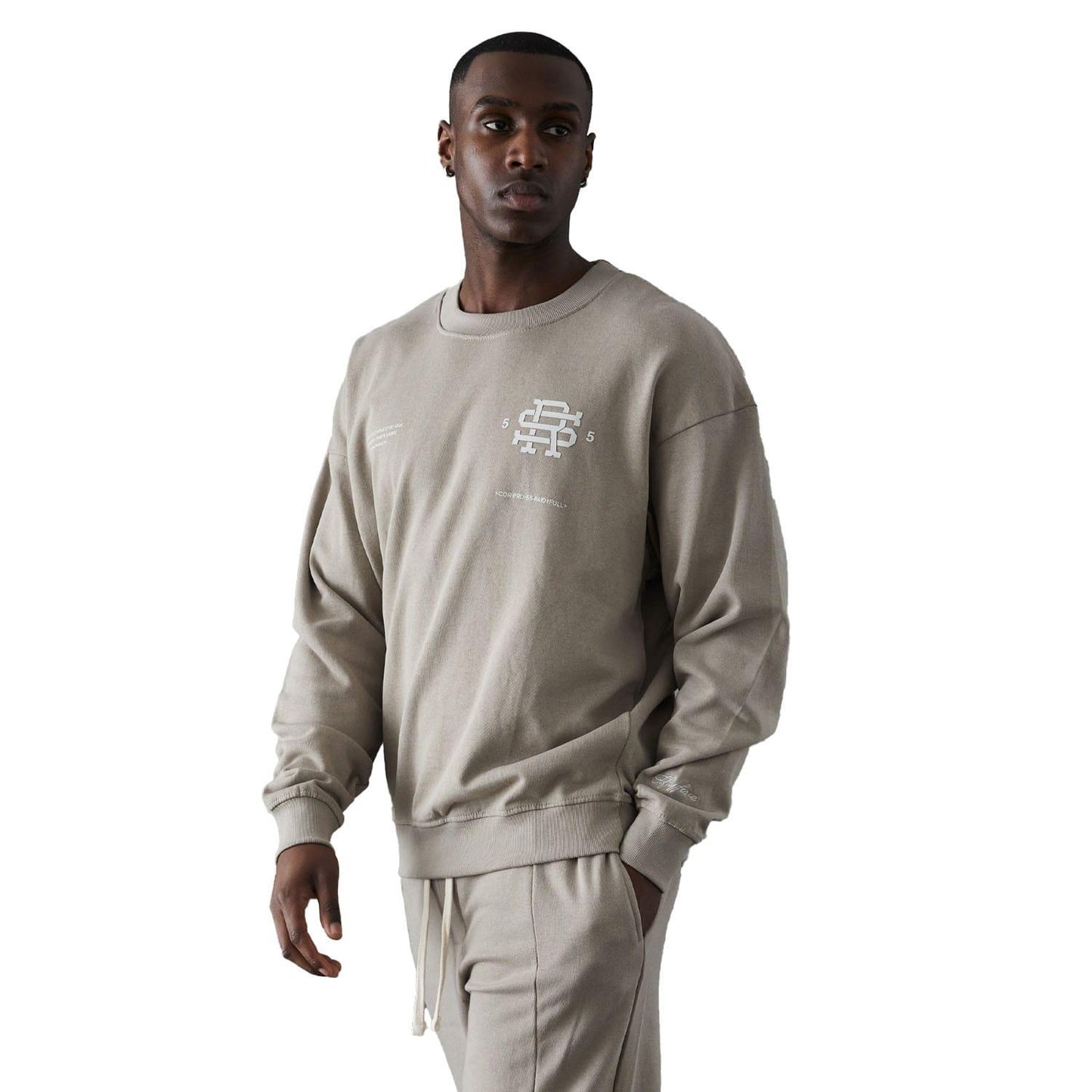 Stone - Back - Fiftyfive Mens Vitels Logo Crew Neck Sweatshirt