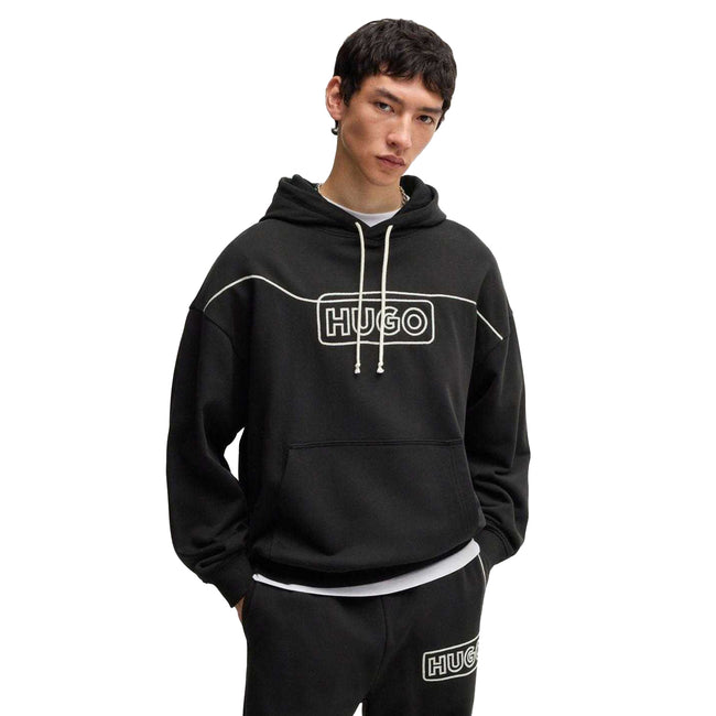 Black - Side - Hugo Mens Noiderhood Logo Stitch Detail Hoodie