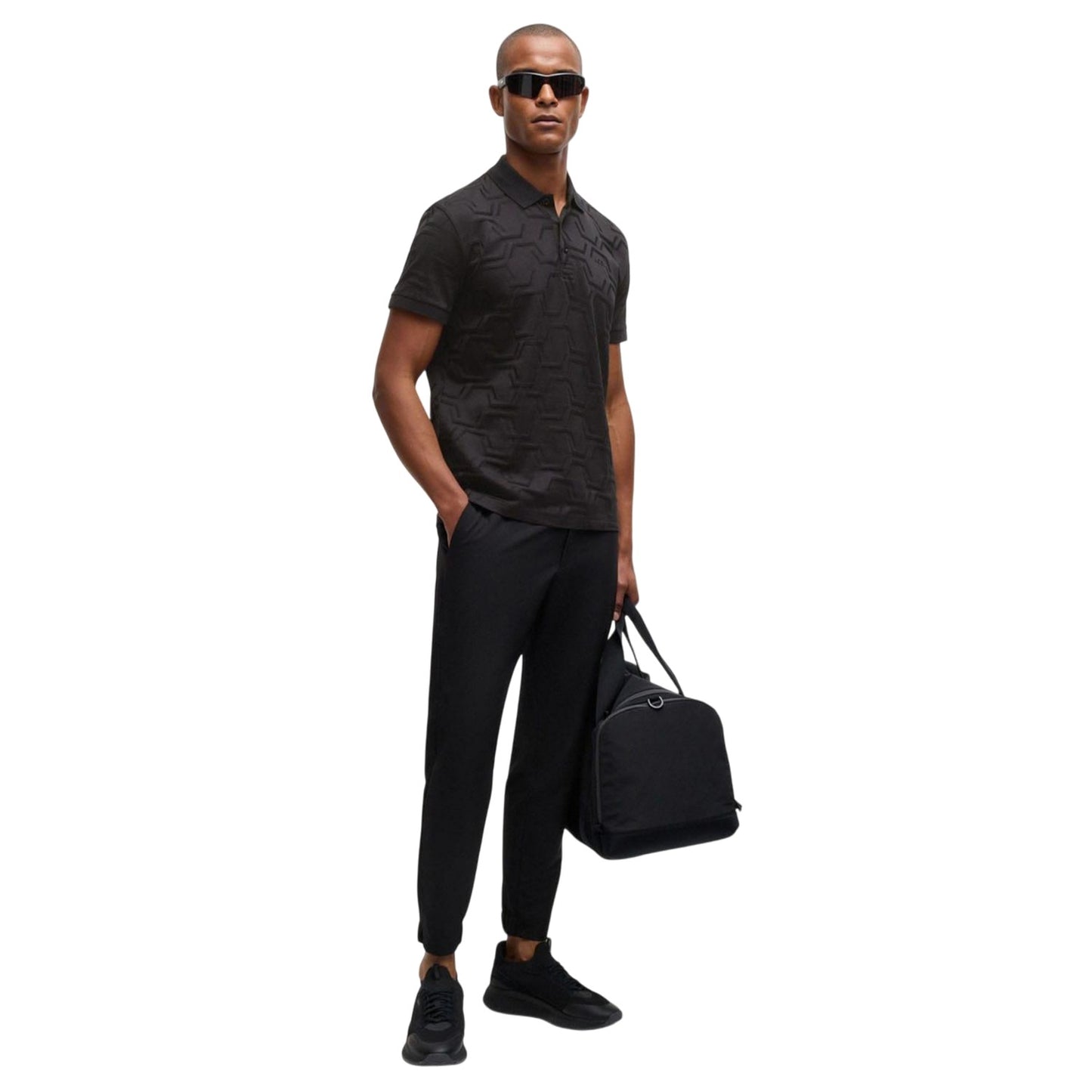 Black - Close up - Boss Mens Paddy Geometric Hexagon Polo Shirt