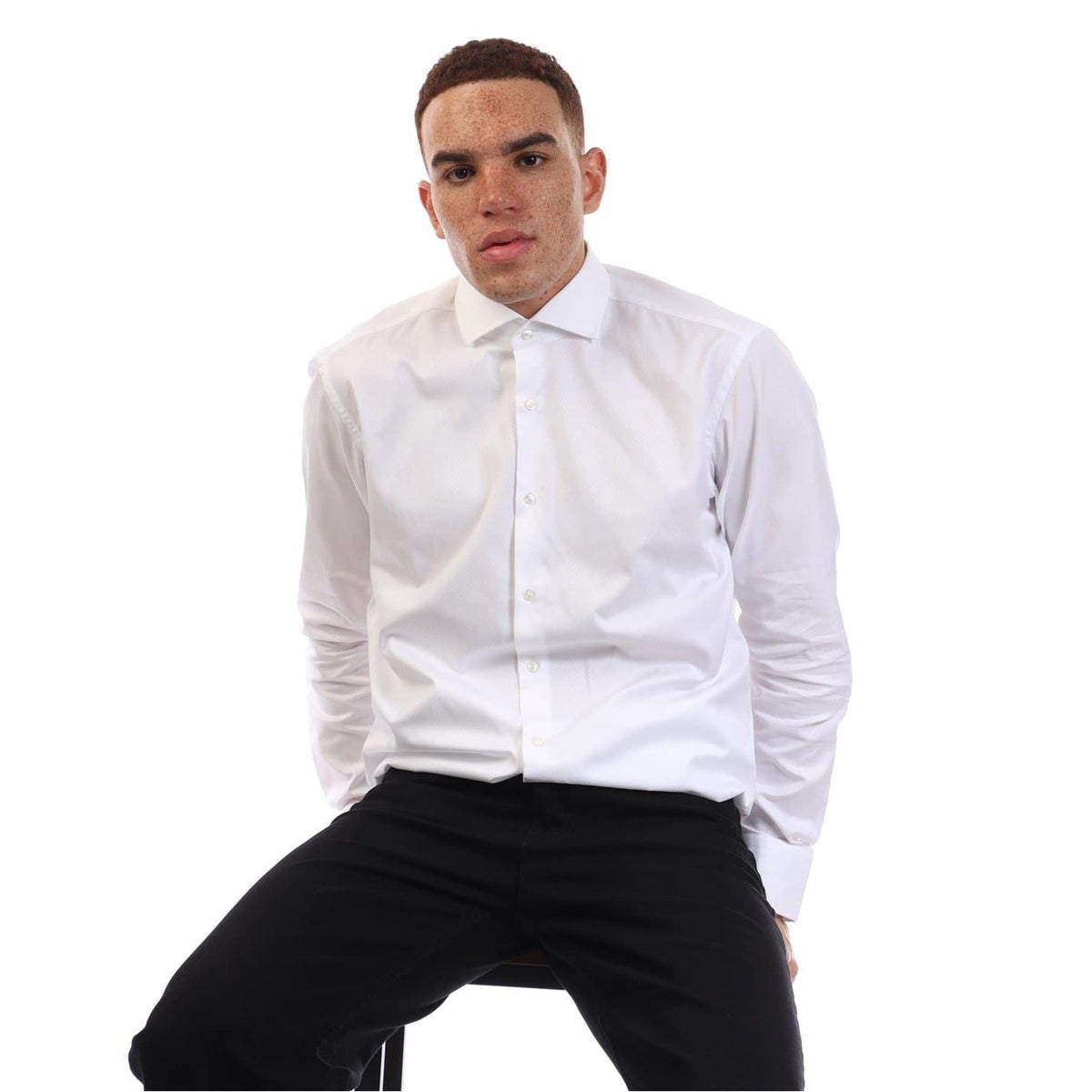 White - Lifestyle - Hugo Boss Mens H-Joe Cotton Spread Collar Shirt