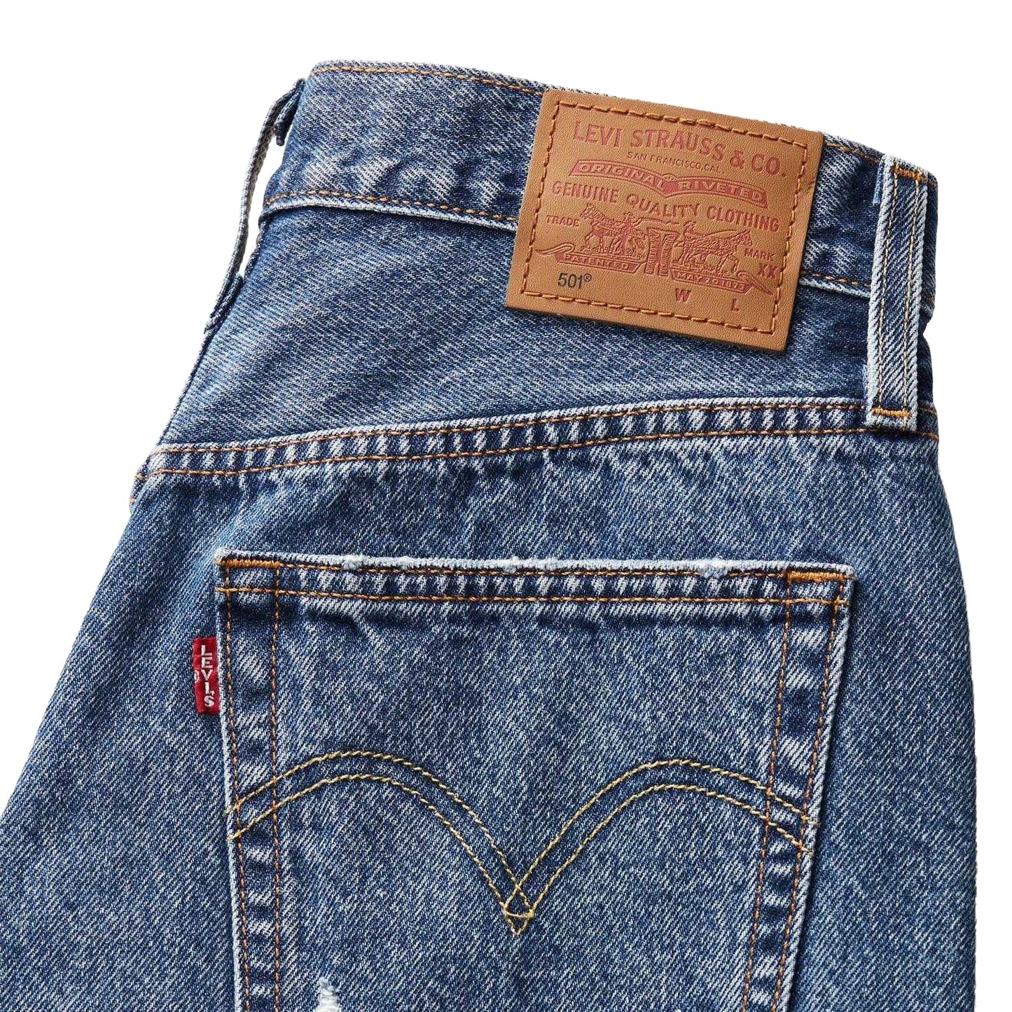 Blue - Pack Shot - Levis Womens-Ladies 501 Original Ripped Leather Badge Shorts