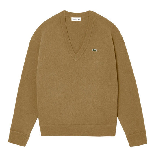 Brown - Front - Lacoste Womens-Ladies Carded Moss Stitch Relaxed Fit Jumper