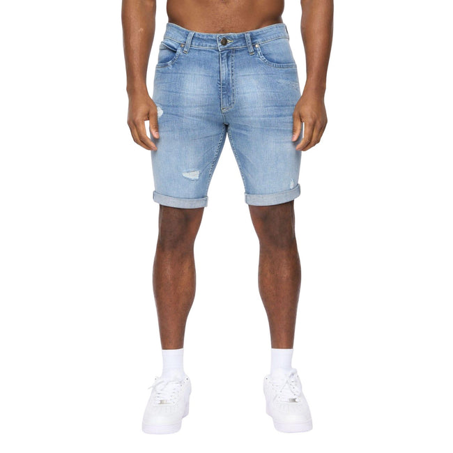 Light Blue - Pack Shot - Crosshatch Mens Riptrey Abraised Denim Scratch Shorts