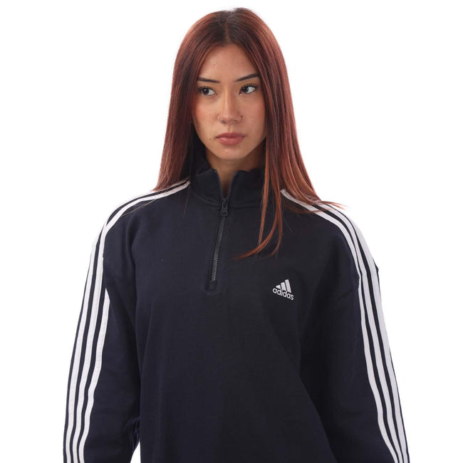 Navy-White - Side - Adidas Womens-Ladies Essentials 3 Stripes Quarter Zip Sweatshirt