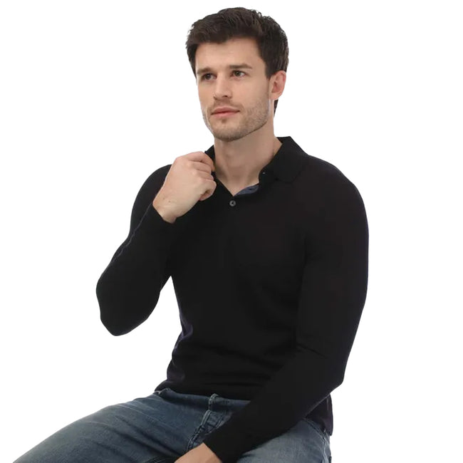 Navy - Side - Ted Baker Mens Kamber Merino Wool Long-Sleeved Polo Shirt