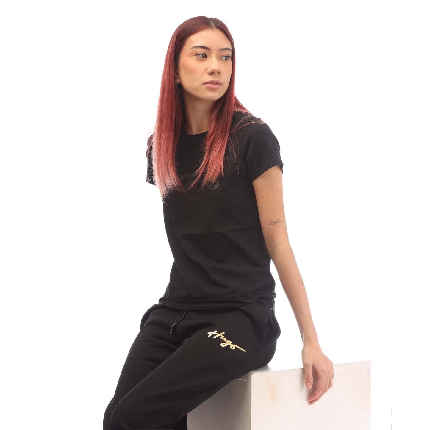 Black - Close up - Boss Womens-Ladies Eventsa4 Leather Logo Regular T-Shirt