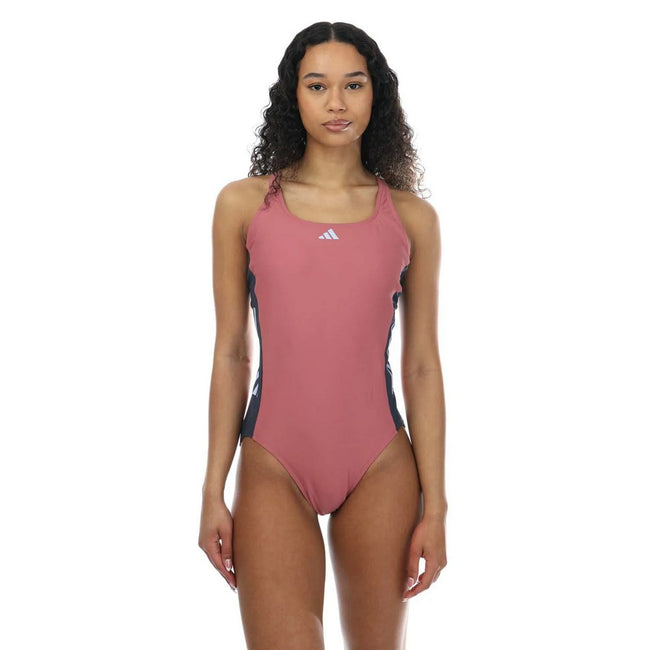 Pink - Front - Adidas Womens-Ladies Colour Block Stripes One Piece Swimsuit
