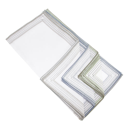 Green-Grey-Blue - Front - Mens Cotton Rich Stripe Border Handkerchiefs (Pack Of 10)