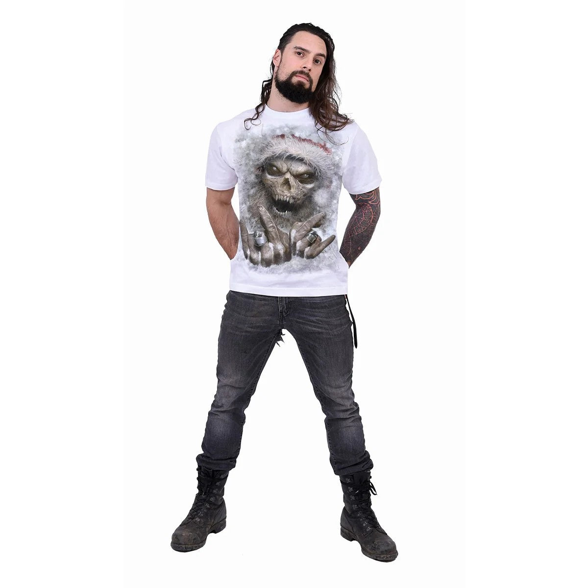 White - Side - Spiral Direct Unisex Adult Rock Santa T-Shirt