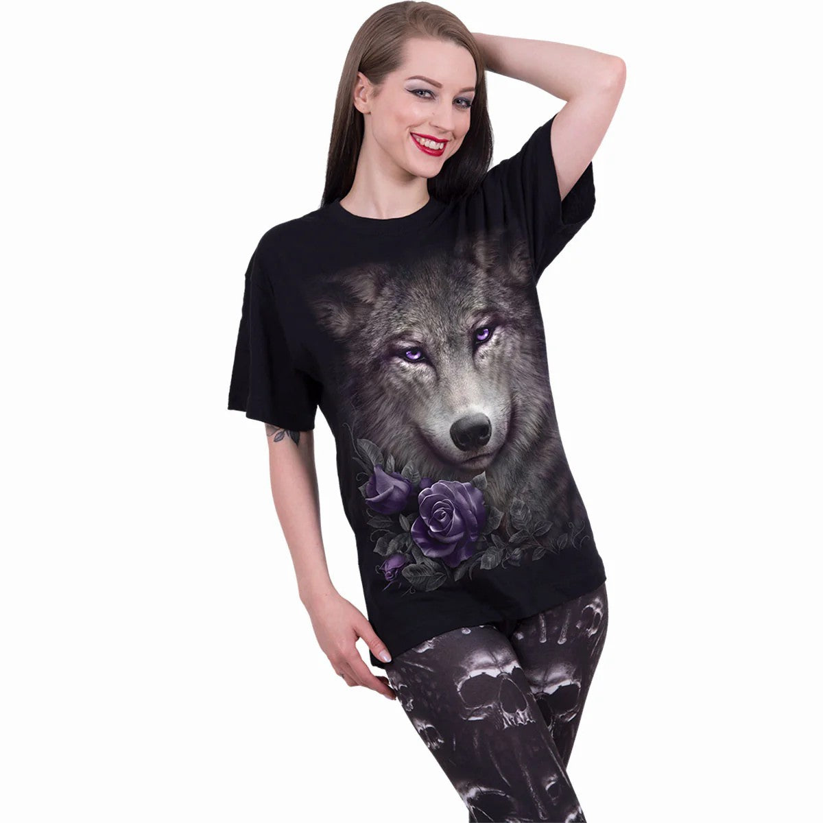 Black - Back - Spiral Direct Unisex Adult Wolf Roses T-Shirt