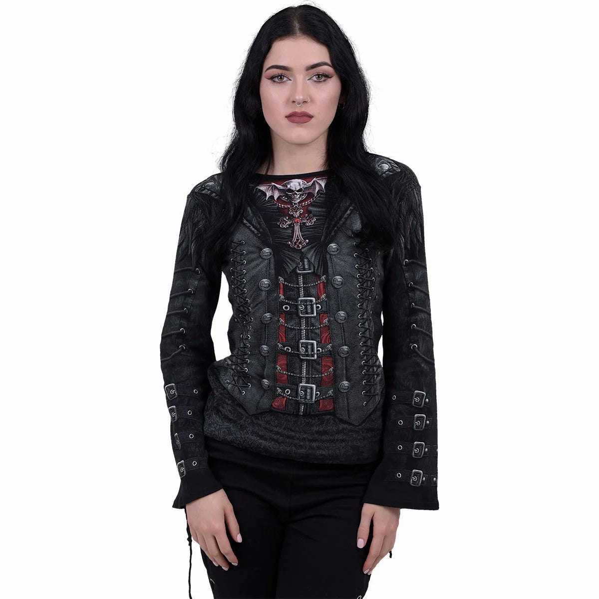 Black - Side - Spiral Direct Womens-Ladies Gothess Wrap Long-Sleeved T-Shirt