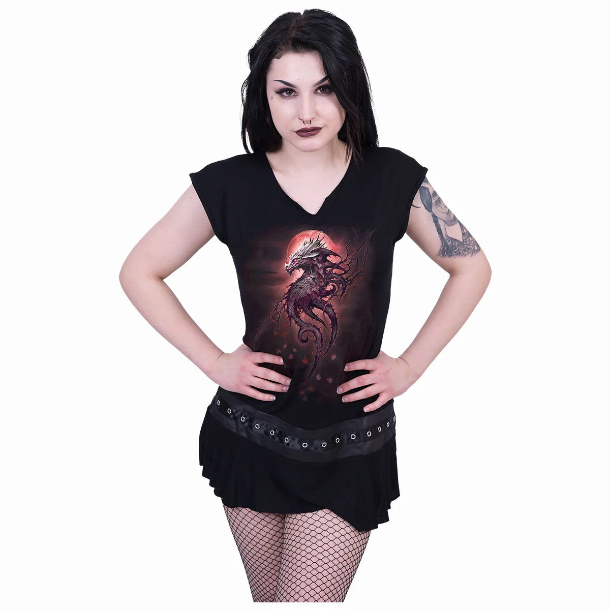 Black - Back - Spiral Direct Womens-Ladies Oak Dragon Stud Waist Mini Dress