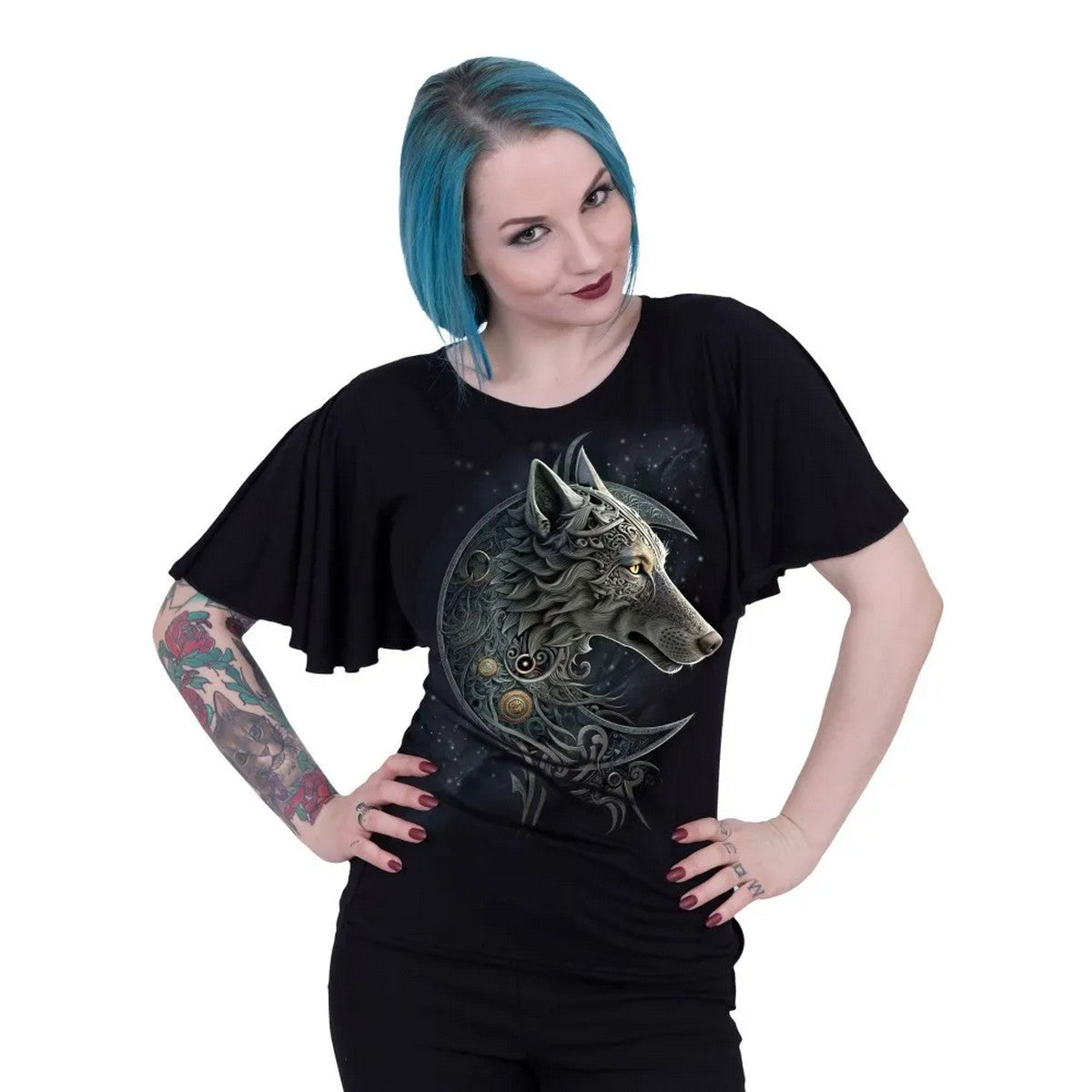 Black - Back - Spiral Direct Womens-Ladies Celtic Wolf Batwing Top