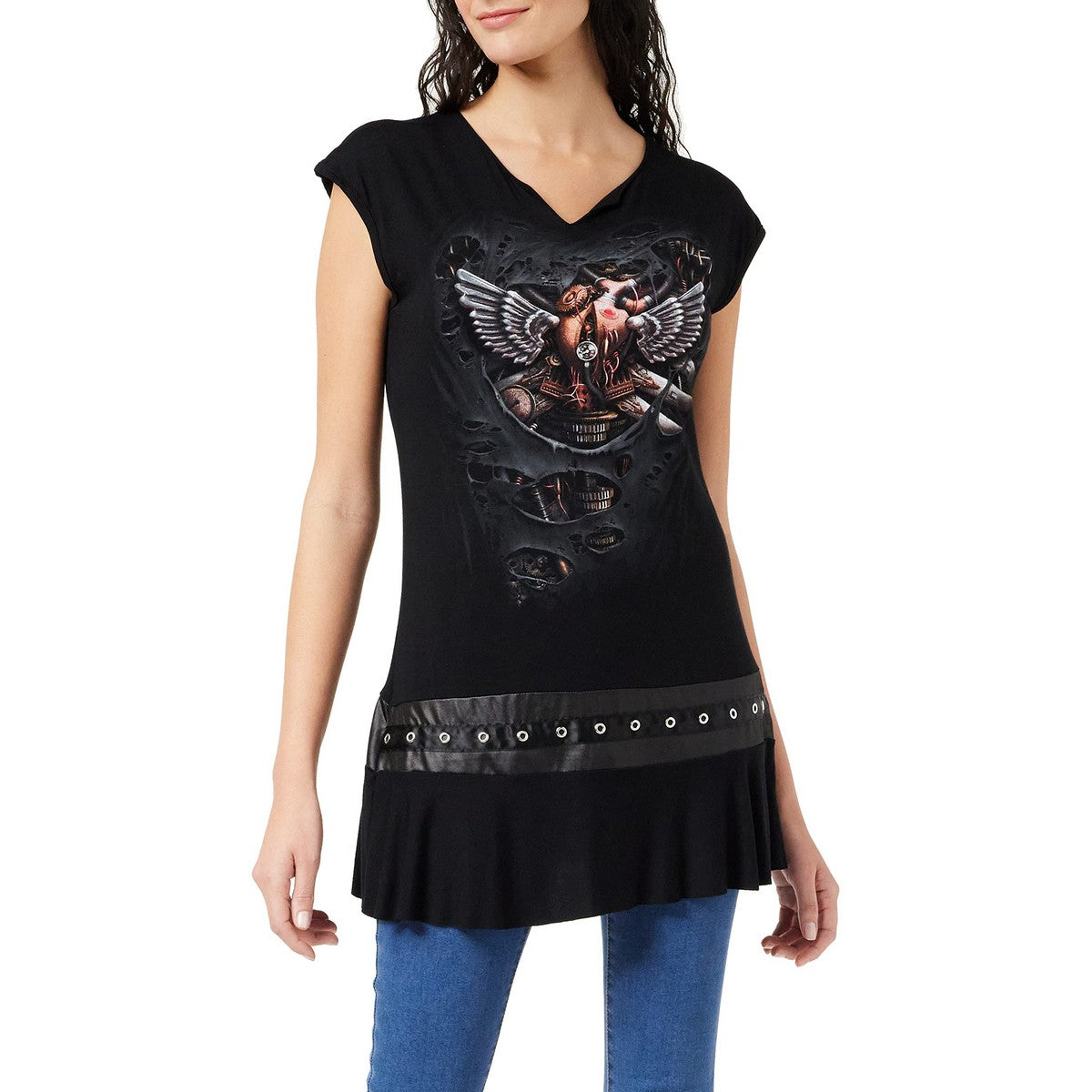 Black - Back - Spiral Direct Womens-Ladies Steam Punk Ripped Mini Dress