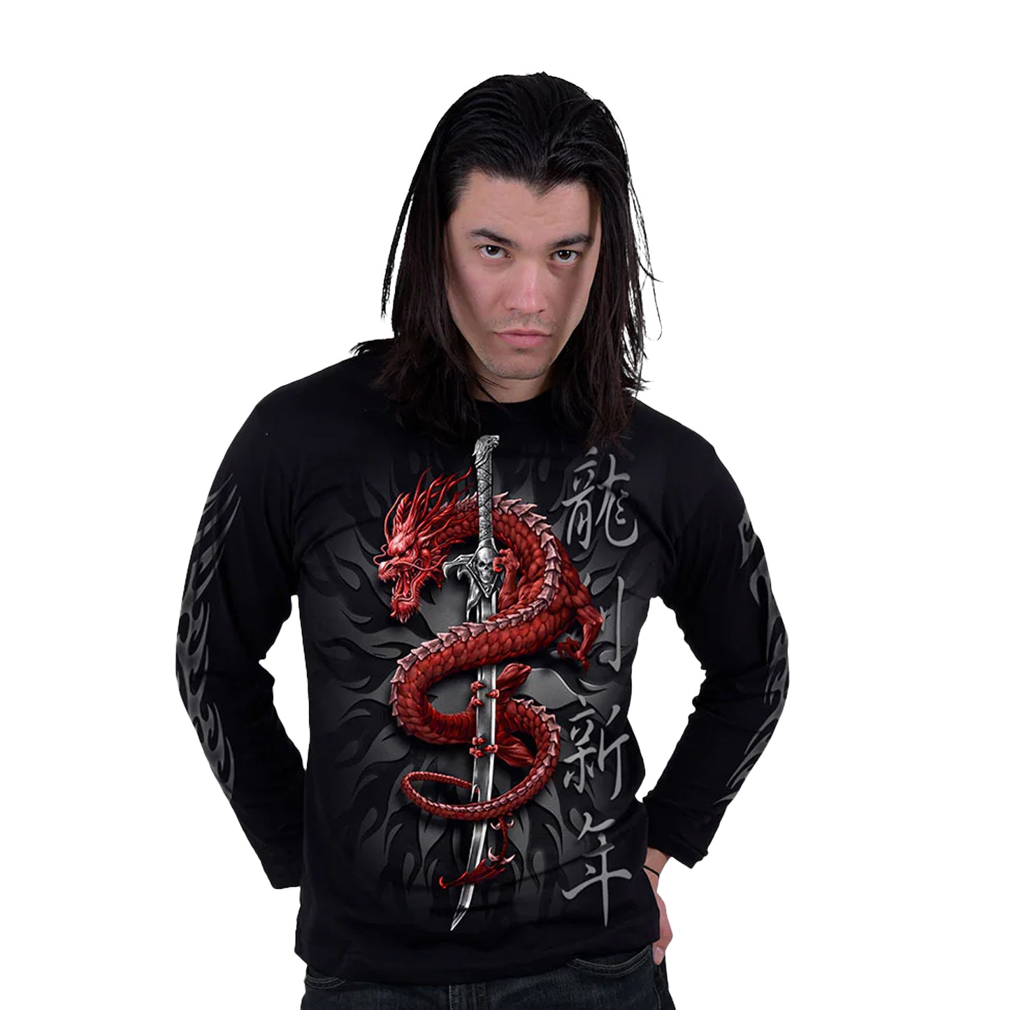 Black - Side - Spiral Direct Unisex Adult Oriental Dragon Long-Sleeved T-Shirt