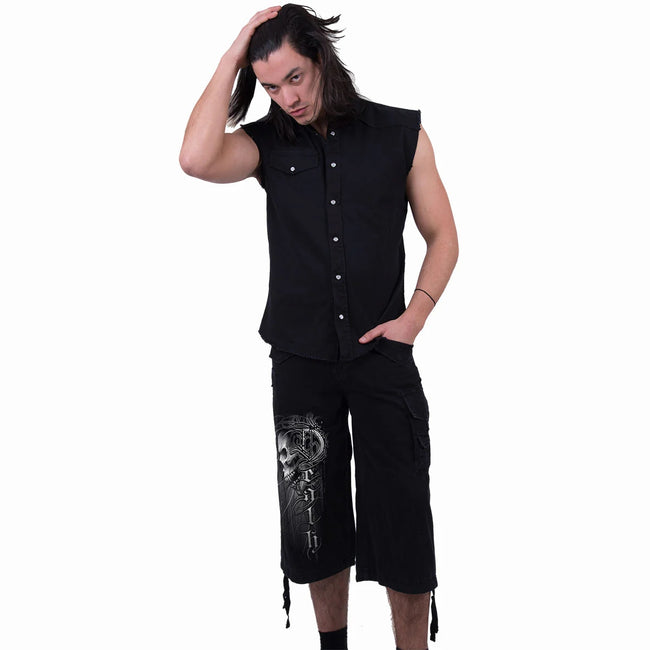 Black - Side - Spiral Direct Unisex Adult Death Forever 3-4 Length Cargo Shorts