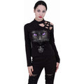 Black - Side - Spiral Direct Womens-Ladies Black Cat Pentagram Shoulder Long-Sleeved Top