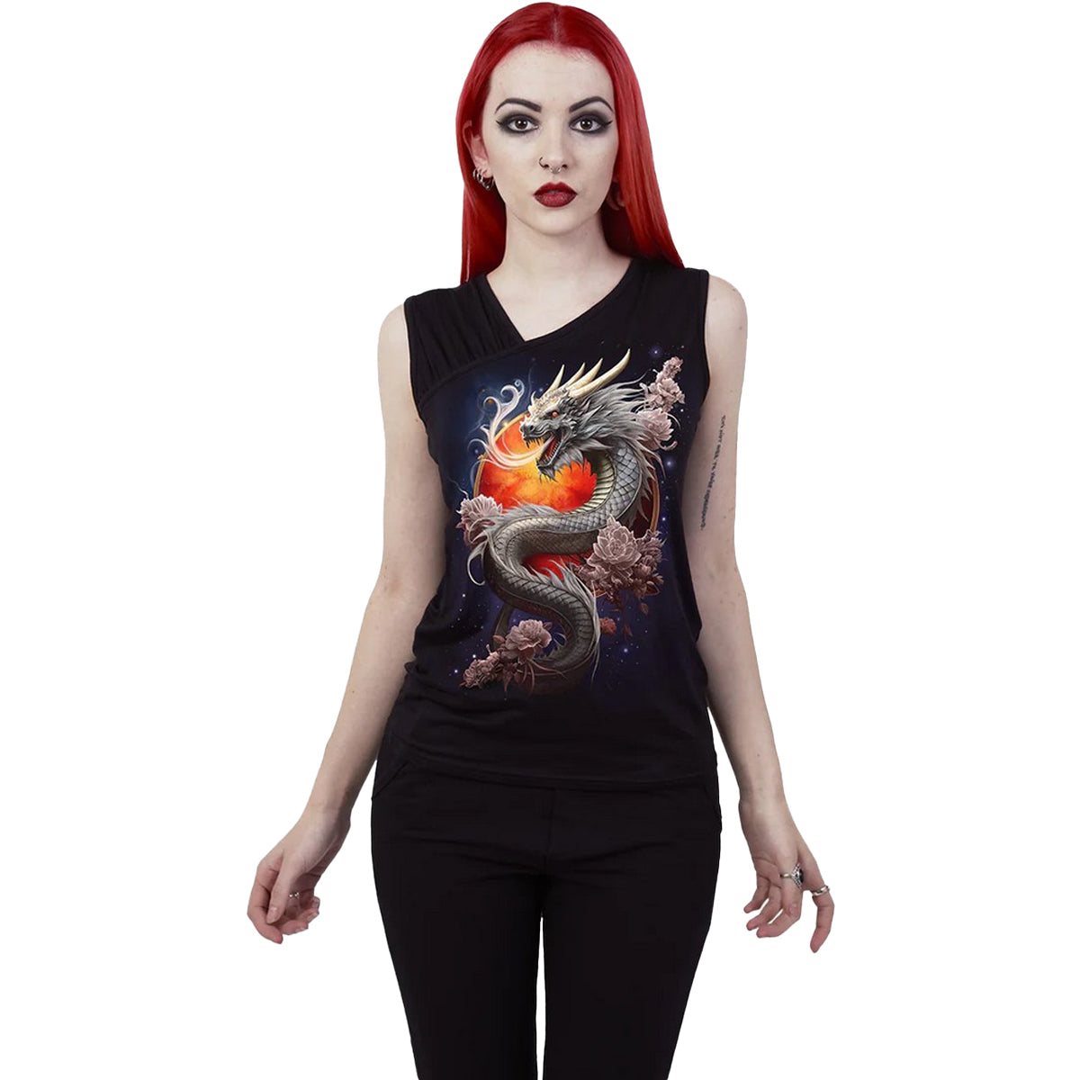 Black - Back - Spiral Womens-Ladies Sun Dragon Sleeveless Tank Top