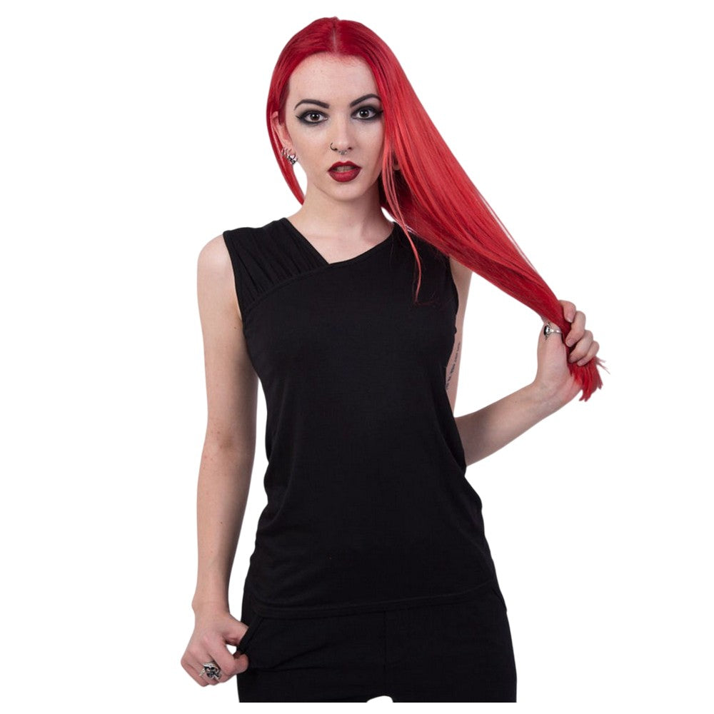 Black - Side - Spiral Womens-Ladies Gathered Sleeve Tank Top