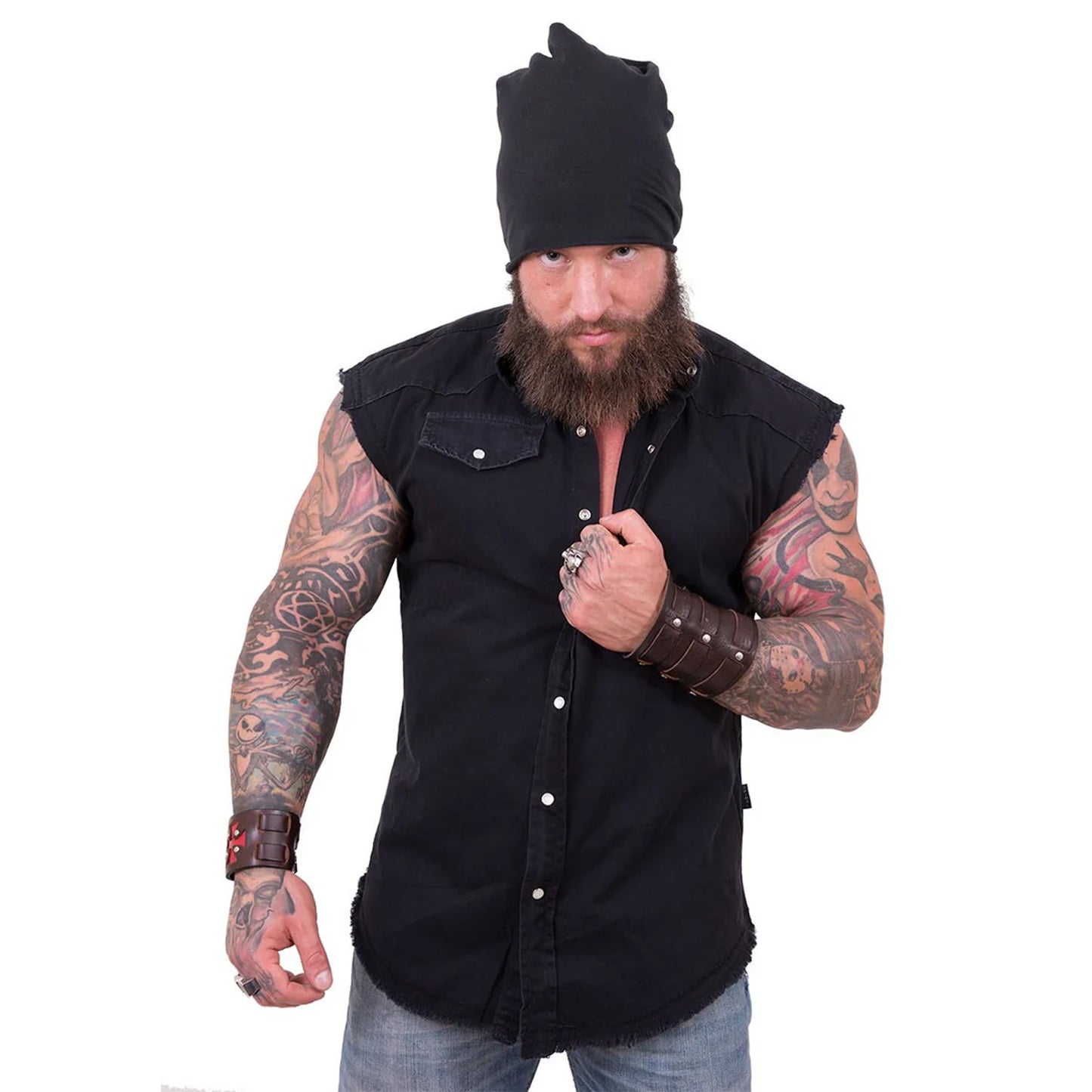Black - Side - Spiral Direct Mens Worker Stonewashed Sleeveless Shirt