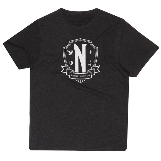 Heather Black - Front - Wednesday Unisex Adult Nevermore Emblem T-Shirt