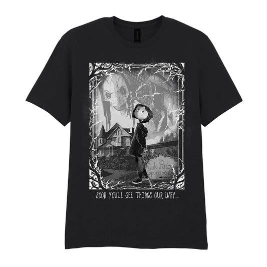 Black - Front - Coraline Unisex Adult Horror Scene T-Shirt