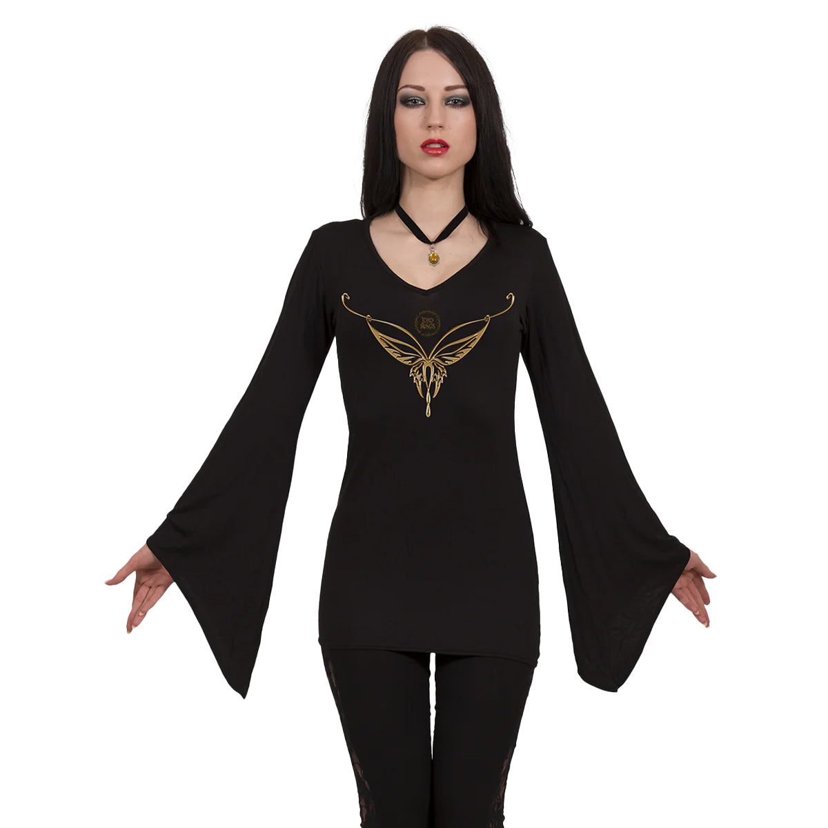 Black - Back - Spiral Womens-Ladies Elven Necklace The Lord Of The Rings Goth Sleeve T-Shirt