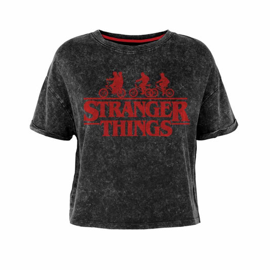 Black-Red - Front - Stranger Things Womens-Ladies Acid Wash Crop Top