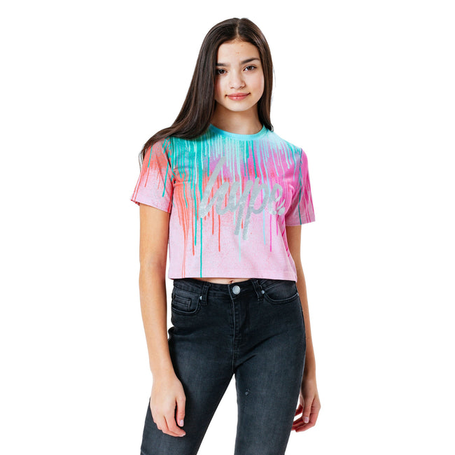 Mint-Pink-Orange - Front - Hype Girls Drips Crop T-Shirt