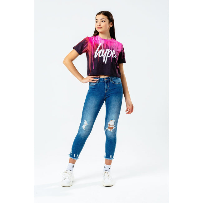 Pink-Black - Back - Hype Girls Drips Crop T-Shirt