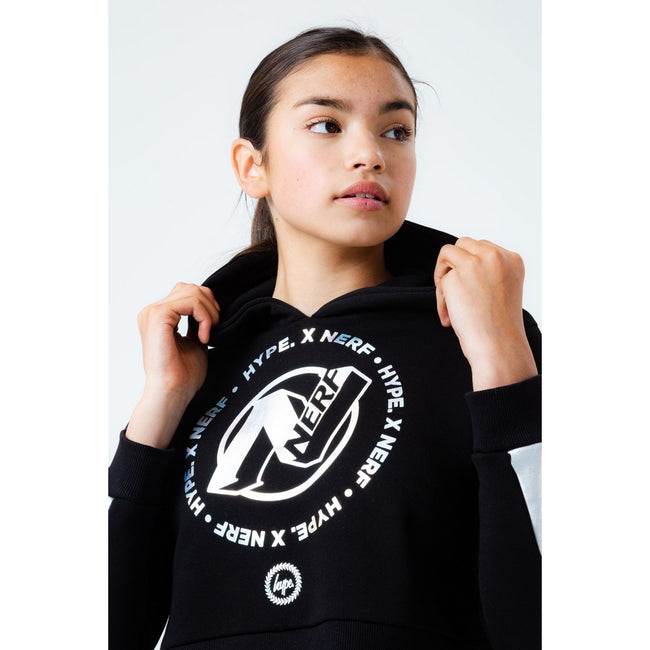 Black-White - Close up - Hype Childrens-Kids Holo Logo Nerf Crop Hoodie