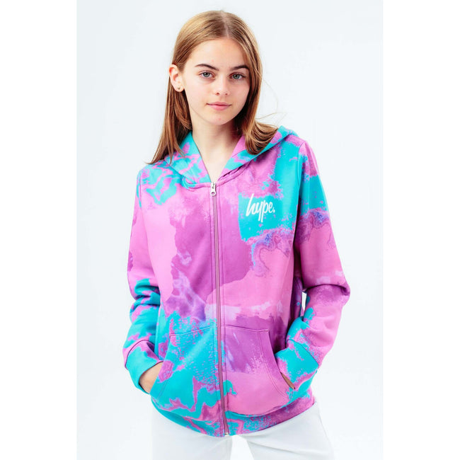 Pink-Blue - Side - Hype Girls Script Tie Dye Zipped Hoodie