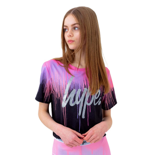 Pink-Black-Silver - Back - Hype Girls Drips Crop T-Shirt