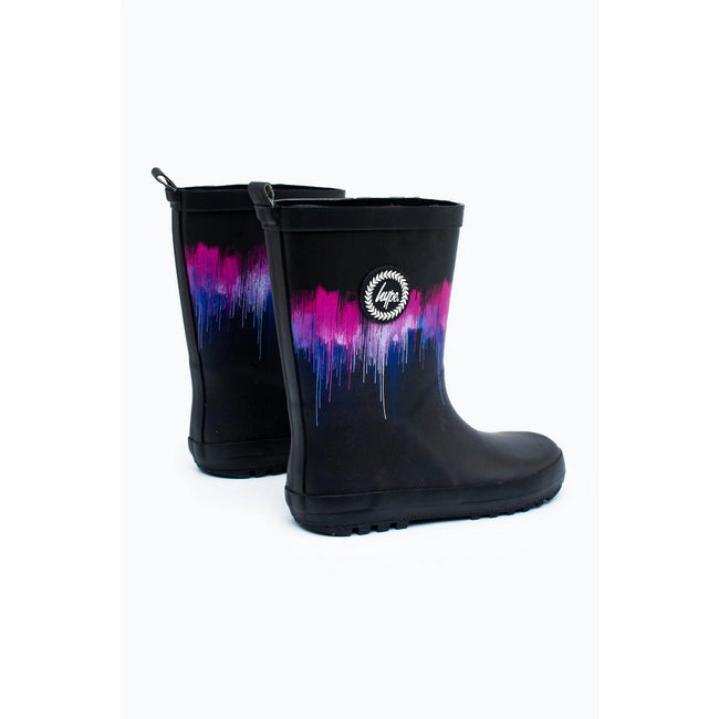 Black-Pink-Purple - Back - Hype Girls Watercolour Drips Wellington Boots